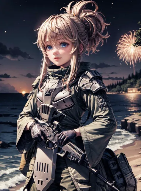 masterpiece, best quality, ultra-detailed, illustration,(1girl),beautiful detailed eyes, solo, beautiful scenery, upper body, beautiful scenery, fantastic scenery,
<lora:pinne-nikke-richy-v1:1> pinne \(nikke\), tactical clothes, military, armor, jacket, shotgun shell, black gloves, long sleeves, shoulder pads, holding rifle with both hands, hunting, furrowed brow, smirk, aiming rifle, forest, 
shy,
tranquil beach at night with a clear, star-filled sky, a full moon, radiant glow, ocean surface, fireworks illuminating the surroundings, creating a breathtaking reflection on the water, 
candid modelshoot style, (fcHeatPortrait:0.8), standing[::4], hands on own chest,
<lora:GoodHands-vanilla:0.5>,
