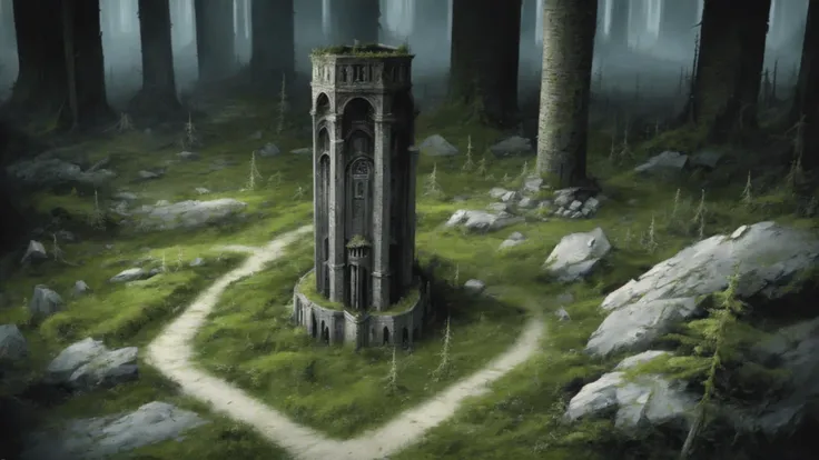 a landscape painting by bob ross, aerial view of an Modern Egyptian tower, complex architecture, overgrown by moss and fern, ethereal and magical, highly detailed stone texture, engraved and ornamented, symmetric, intense focus, Cyberpunk, dramatic cinematic lighting, <lora:Bob_Ross:0.8>, rough brush strokes
