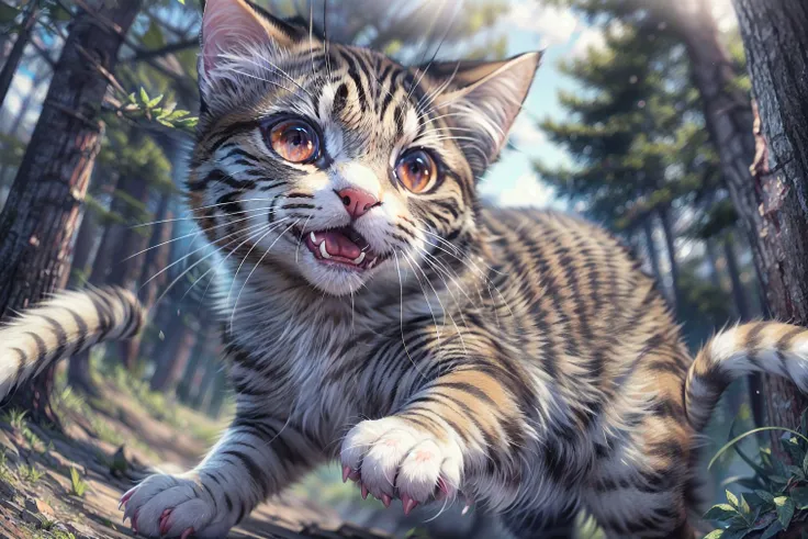 grainy, (extremely detailed:1.3), detailed skin, masterpiece,
BREAK
cat jumping around, extremely detailed fur, multicolored fur, detailed eyes, open mouth, sharp teeth,
BREAK
forest background