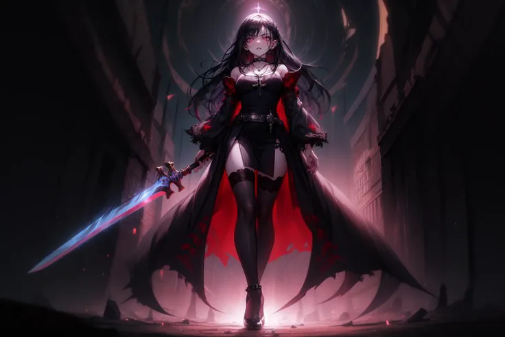 Goth girl, Goth girl 1girl 1girl,solo, adult, long hair,looking at viewer,serious look,black hair,jewelry,black hair,multicolored hair,earrings,choker,red eyes, glowing eyes, necklace ,two-tone hair,tattoo,fangs,piercing,cross,ear, piercing,(full body:1.5),black stockings ,facial tattoo, (fantasy town), fantasy town background) ,(town background), night, gothic style, night , star sky, gothic dress, glowing eyes, from the bottom view, darkness, purple flames, nimbus, long sword, holding a sword, <lora:Goth_girl-v2:0.8>