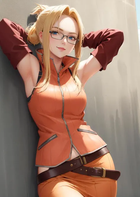 masterpiece, best quality, quistis, glasses, orange jacket, detached sleeves, orange skirt, belt, cowboy shot, arms behind head, against wall, smile <lora:quistis-nvwls-v4:0.9>