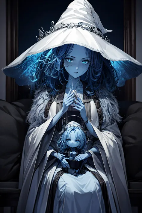 1girl,(adult),adult face,ranni,(cracked skin, blue skin, colored skin, 4 arms, extra arms:1.3),(big white coat),white witch hat,(expresionless),serious face,(holding a doll),good doll,closeup,sit,sitting on chair,big detailed window bakcground,blue sky,night,darkness,masterpiece,extremely detailed CG unity 8k wallpaper, best quality,32k,focus sharp, <lora:Ranni_the_Witch-07:1>