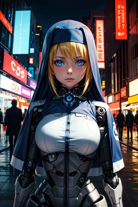 <lora:iris_ver1.0:0.7> iris, blonde_hair, blue_eyes, nun,
detailed mechanical legs, detailed mechanical body, cyberpunk city, (cyborg body:1.4), perfect face, extreme detailed eyes, (upper body:1.2),
dystopian, glowing neon lights, sfw, city at (night:1.3), cyberpunk city street, cyberpunk, night, neon lights, award winning, concept art, key visual, vibrant, global illumination, epic composition, epic proportion, Award winning, official art, depth of field, volumetric lighting, reflection, highest detailed, finest detail, ultra detailed, intricate, epic proportion, epic composition, luminous trails,
masterpiece, best quality, DSLR, F/2. 8, Lens Flare, 5D, 16k, Super-Resolution, highly detailed, HD, HDR, HD, UHD, professional work,