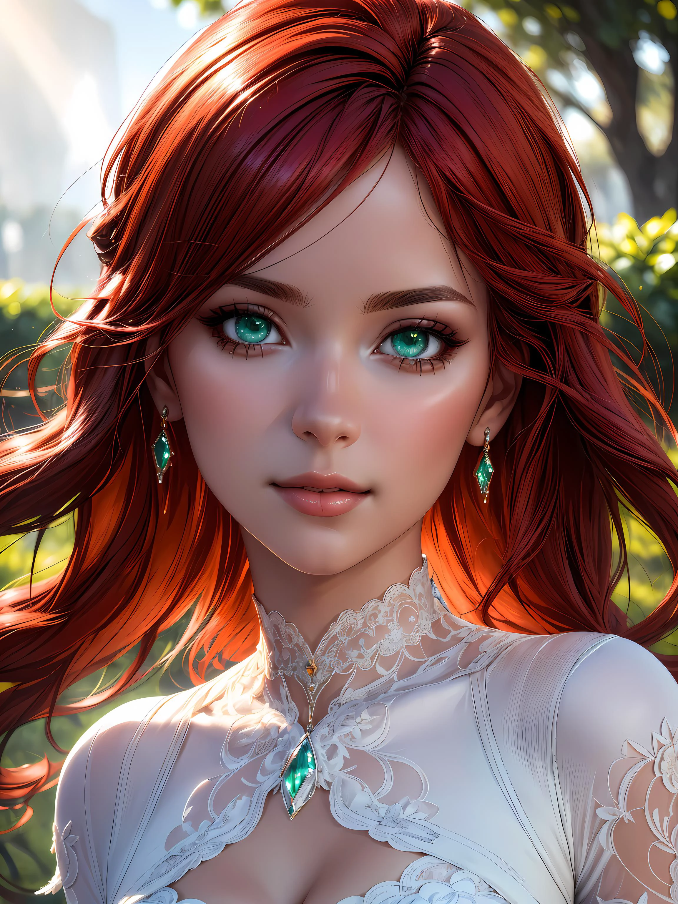 (masterpiece, best quality, highres:1.2), (photorealistic:1.2), (intricate and beautiful:1.2), (detailed light:1.2), (soft lighting, side lighting, reflected light), (colorful, dynamic angle), (1girl), standing, green eyes, beautiful detailed eyes, looking at viewer, (close up),
red hair, (long hair:1.2), (light smile:1.1), closed mouth, light blush, curly hair, medium breasts, cleavage, wedding dress, white dress, lace choker, white choker, lace gloves, white gloves,
garden, cowboy shot, full body, light passing through hair, (realistic skin texture:1.4), (HDR:1.2), <lora:add_detail:0.75> <lora:Elixir:0.75>