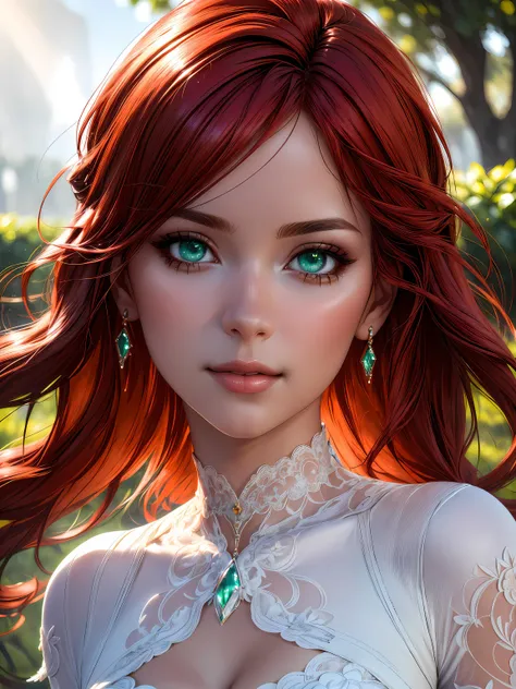 (masterpiece, best quality, highres:1.2), (photorealistic:1.2), (intricate and beautiful:1.2), (detailed light:1.2), (soft lighting, side lighting, reflected light), (colorful, dynamic angle), (1girl), standing, green eyes, beautiful detailed eyes, looking at viewer, (close up),
red hair, (long hair:1.2), (light smile:1.1), closed mouth, light blush, curly hair, medium breasts, cleavage, wedding dress, white dress, lace choker, white choker, lace gloves, white gloves,
garden, cowboy shot, full body, light passing through hair, (realistic skin texture:1.4), (HDR:1.2),  <lora:add_detail:0.75> <lora:Elixir:0.75>