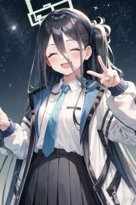 <lora:tendouAlice_v1:0.85>, aris, white jacket, white shirt, blue necktie, pleated skirt, halo, starry eyes, peace sign, :d, left eye closed, winking, galaxy, floating hair, (best quality, masterpiece:1.4), 1girl