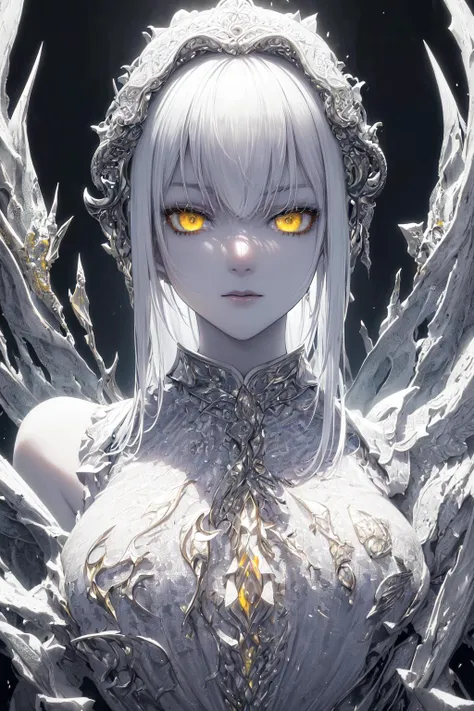 anime woman, pale skin, white hair, yellow eyes, doll cracks with golden light, spirals, cosmic horror, alluring, scary, love eyes, best quality, 4k, 8k, highres, masterpiece:1.2, ultra-detailed, realistic, photorealistic, photo-realistic:1.37, HDR, UHD, studio lighting, ultra-fine painting, sharp focus, physically-based rendering, extreme detail description, professional, vivid colors, bokeh, portraits, horror, sci-fi, concept artists, dark, moody, dramatic, ethereal, mesmerizing, captivating