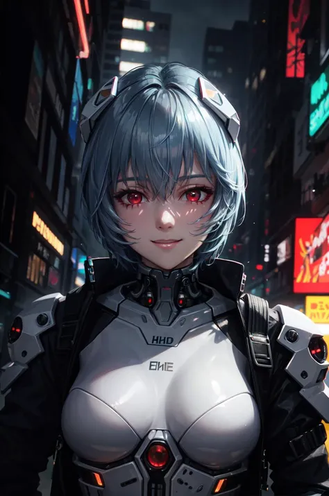 <lora:ayanami_rei:0.5> ayanami rei, blue hair, red eyes, short hair,
detailed mechanical legs, detailed mechanical body, cyberpunk city, (cyborg body:1.3), perfect face, extreme detailed eyes, smile, black jacket,
dystopian, glowing neon lights, sfw, city at (night:1.3), cyberpunk city street, cyberpunk, night, neon lights, award winning, concept art, key visual, vibrant, global illumination, epic composition, epic proportion, Award winning, official art, depth of field, volumetric lighting, reflection, highest detailed, finest detail, ultra detailed, intricate, epic proportion, epic composition, luminous trails, (neon light:1.2)
masterpiece, best quality, DSLR, F/2. 8, Lens Flare, 5D, 16k, Super-Resolution, highly detailed, HD, HDR, HD, UHD, professional work,