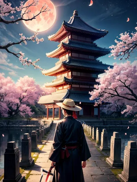 Photorealistic Production, One Person,architecture, bare tree, branch, bridge, cherry blossoms, cloud, east asian architecture, falling petals, from behind, full moon, hanami, hat, japanese clothes, male focus, moon, moonlight, mountain, night, night sky, object namesake, outdoors, pagoda, petals, red moon, sky, solo, spring \(season\), standing, stone lantern, sun, sword, tombstone, tree, weapon, Perfect Human Anatomy, Intricate Hand Details, Sharp Focus, Ultra Detailed, Taken with DSLR camera, Depth of Field, Incredibly Realistic Environment and Scene, Master Composition and Cinematography