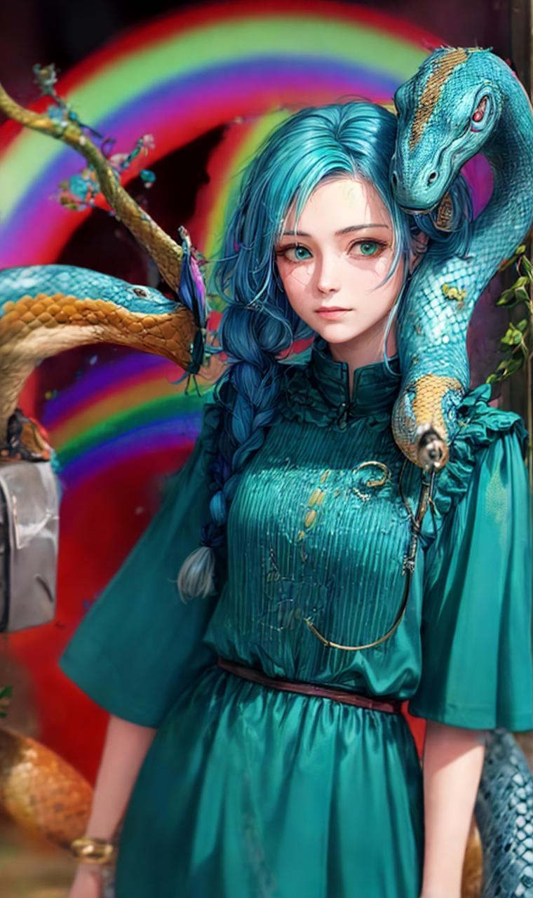 A close up of a woman with blue hair and a dragon on her shoulder ...