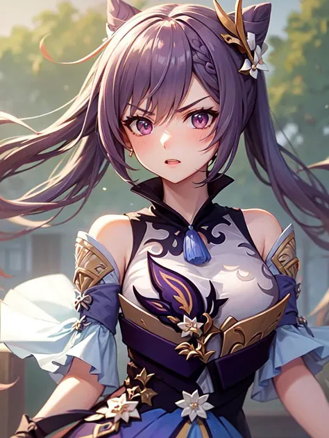 best quality, keqingdef, angry, blush, outdoors, day, simple background, long hair, moody lighting, one sword, cute, simple background, facing viewer, upper body, <lora:keqingGenshinImpact_v10:1>