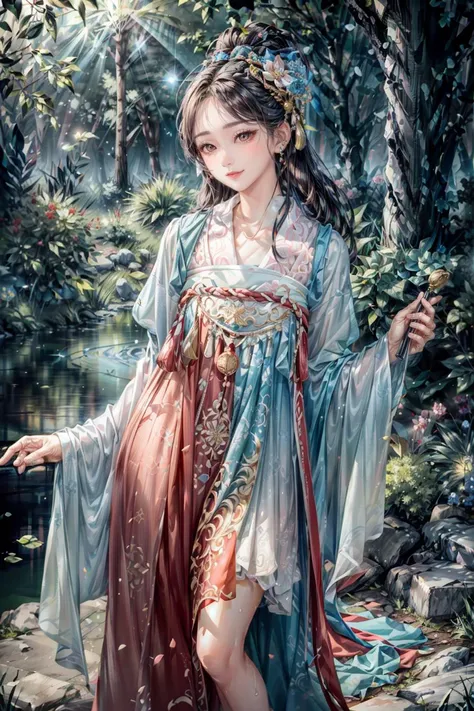 <(best quality, extremery best quality, masterpiece:1.4), (realistic, intricate details:1.4), (photorealistic:1.4), (extremely intricate:1.4), highres, ultra highres, ultra-detailed, absurdres, incredibly absurdres, extremely detailed, high quality, high resolution, hyperrealistic, ultra-realistic, hyper-detailed, top quality, best, fine detail, massive detail, Highly detailed, extreme detailed, highest detailed, high-res, absolutely resolution, reflection, (refraction:1.4), (hyperrealism:1.4)>, BREAK, 1girl, solo, looking at viewer, (young cute beautiful 18-year-old girl:1.4), 3d face, (hand of Guido Daniele:1.4), beautiful girl, Beautiful face, pretty, girlface, kpop idol, supermodel, stunning innocent symmetry face, perfect body, medium breast, slim waist, slim legs, (high detailed skin:1.5), glowing eyes, goddess, natural skin texture, shiny skin, White skin, Beautiful detailed face, detailed face, real skin texture, cute delicate face, finely detailed face, golden ratio, golden ratio face, expressive eyes, perfect face, perfect skin, flawless face, clear face, shiny hair, pale skin, Proper body proportion, perfect anatomy, realistic skin texture, luscious lips, glossy lips, natural makeup, beautiful bright pupils, slender figure, intricate eyes, detailed pupils, detailed face and eyes, longeyelashes, blush, good hand, perfect hands, pretty face, beautiful female bodies, finely detailed skin, oily shiny skin, clean facial features, an extremely delicate and beautiful, cute & girly, beautiful detailed eyes, stars in the eyes, detailed simmetric eyes, perfect smooth skin texture, BREAK, (((((standing, (hanfu, tang style, tang style outfits, pink upper shan, pink chest pleated skirt, red with pink waistband, red pibo:1.4), (smile, Pink hair, Pink eye, long hair, Pink eyelashes, Pink lips, Pink lip colour, Eyes glowing Pink, flat bangs, pink fluffy bunny:1.5), (night, Night time, moon light, sky, landscape, aurora borealis, stars, outdoors, Chinese, Pink fireworks, Sakura tree background:1.4), (lake background, mountains, full moon background, night lake shore, river, forest, chinese style countryard, lanterns, pond, cobblestone pathway, building pavilion, chinese buildings, moutains, misty lake, ancient chinese background, puddle, after the rain, petals falling, wet grass and trees, flower sea, in a meadow, waterfall, breeze, flying splashes, flying petals, leaves, bloom, bloom effect, surrounded by heavy floating petal flow, petal, Pink butterfly, flower, detailed beautiful grassland with petal, flowers, plants, Pink rose, many Pink roses, leaves falling from the tree, dust is drifting, ethereal, scenery, nature, mysterious background:1.4), (iridescent colors, Iridescence, blush, mysterious, fantasy background, fantasy, open mouth:1.2), (fog, wind:1.2), (Luminescent Particles:1.3), (fullbody:1.2), (eye focus, face focus, character focus, close-up face:1.2), (dutch angle, cowboy shot:1.3), colorful refraction)))), BREAK, <watercolor, available light, detailed light, volumetric fog, beautiful lighting, Rembrandt lighting, Cinematic, pixel art, game art, key visual, surreal, PBR Texturing, Anisotropic Filtering, Maximum Clarity And Sharpness, Albedo And Specular Maps, Multi-Layered Textures, Surface Shading, Sub-Pixel Convolution, Sub-Pixel Convolution, Accurate Simulation Of Light-Material Interaction, blurry foreground, broad light, volumetric light effect, matte painting, perfectly defined features, volumetric lighting, Tone Mapping, Lumen Reflections, Global illumination, Ray Tracing, Screen Space Global Illumination, Accent Lighting, 32k, Natural Lighting, volumetric, cinematic masterpiece, Rule of thirds, high dynamic range, Multi-exposure HDR capture, cinematic render, game cg cinematic, atmospheric perspective, movie scene, epic dynamic frame, motion blur, ((cinematic look, Film look)), rim light, 4k textures, adobe lightroom, photolab, insane details, hyperdetailed, exposure blend, professional color grading, professional color correction, aerial perspective, particles and dust in beams of light, cinematic scene, dynamic lighting, sharp details, lomography, soft focus, light leaks, bold hues, atmospheric depth, (explosive light and shadow:1.2), aesthetics, intricate designs, ultra realistic digital art, (zentangle, mandala, tangle, entangle), (fractal art), elegant, vivid colours, floating particles, particles, dramatic, epic, (ink drawing, oil painting detailed), (dramatic lighting:1.2), RAW, huge filesize, extremery detailed CG, Photo, 8k uhd, cinematic atmosphere, trending on artstation, award-winning glamour photograph, highly detailed photo, official art, beautiful and aesthetic, unity 8k wallpaper, beautiful, highly detailed CG illustration, best illustration, intricate, Amazing, emotional, analog, painting, digital painting, concept art, Oil Painting, illustration, Classical art, Renaissance, Romanticism, Neoclassicism, Color Palette, depth and contrast, Vibrant colors, saturated, rich saturation, color harmony, vivid palette, concept-art, design style, detail character, concept render, colorful, analog photography, dreamy atmosphere, specular highlights, atmospheric lighting, (dynamic angle, dynamic pose :1.3), (shiny, clothes reflecting light, lens flare, bloom effect, light particle, lens glare:1.3), realistic lighting, cinematic light, (cinematic lighting), light in the face, soft lighting, saturated colors, detailed background, sharp focus, 8k high definition, perspective, Master Composition, roughness, post-processing, soft shadows, realistic shadows, ambient occlusion, ray-tracing, subsurface scattering, photon mapping, physically-based rendering, octane rendering, unreal engine 5, ue5 rendering, Adobe After FX, dslr, RTX, Best character details, radiosity, sharp, antialiased, RAW photo, HDR, 8k, 4k, (((Photographed by Roger Deakins, using a RED Monstro 8K VV camera and a series of high-end lenses))), ((Hasselblad photography)), (film grain:1.4), Kodak portra 400, ((Fujifilm X-T5)), professional photograph, depth of field, caustics, Broad lighting, diffuse lighting, rim lighting, two tone lighting, textile details, visible pores, high resolution scan, professionally color graded, photographic reality, automatic white balance, best lighting, detailed shadow, high contrast, strong light and shadow>, (PureErosFace_V1:0.5), (ulzzang-6500:1), <lora:epiNoiseoffset_v3:0.05>, <lora:add_detail:0.1>, <lora:hanfuTang_v35:0.8>, <lora:zhongfenghuaxiyou-000018:0.05>, zhongfenghua
