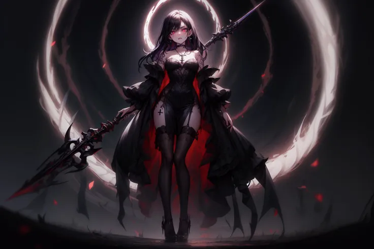 Goth girl, Goth girl 1girl 1girl,solo, adult, long hair,looking at viewer,serious look,black hair,jewelry,black hair,multicolored hair,earrings,choker,red eyes, glowing eyes, necklace ,two-tone hair,tattoo,fangs,piercing,cross,ear, piercing,(full body:1.5),black stockings ,facial tattoo, (fantasy town), fantasy town background) ,(town background), night,  gothic style, night , star sky, gothic dress, glowing eyes, from the bottom view,  darkness, purple flames, nimbus, spear, <lora:Goth_girl-v2:0.8>