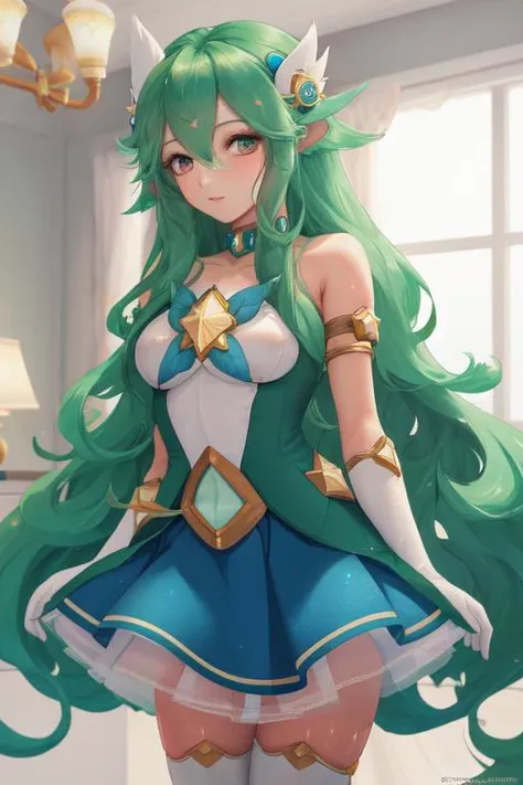 soraka \\(league of legends\\), star guardian \\(league of legends\\), star guardian soraka, league of legends, highres, alternate costume, alternate eye color, alternate hair color, alternate hairstyle, asymmetrical gloves, green hair, long hair, solo, tall, thighhighs, uneven gloves, (1girl), (blush), shy, (stockings), (wet), (thin legs), (indoors background), masterpiece, (best quality), (ultra detailed), extremely detailed, amazing, (fine detail), extremely detailed eyes and face, (anime style), ((no skirt)),   <lora:star_guardian_soraka-000035:1>