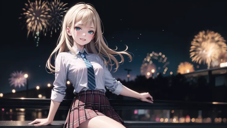 (masterpiece, best quality, cute detailed wallpaper), (medium-length-hair, blue-eyes, 2-tones-meshed-hair), 2 cute happy face school-girls enjoying in the amusement-park night BREAK (high-resolution, ultra-detailed, beautiful), green-eyes, detailed open hands:1.5, colorful sparkle beautiful fireworks in the full of stars, best cinematic lighting BREAK (masterpiece, best quality),  light-blue-half-sleeve-shirt blue-neck-tie red tartan-striped-pleated-skirt school-uniform
