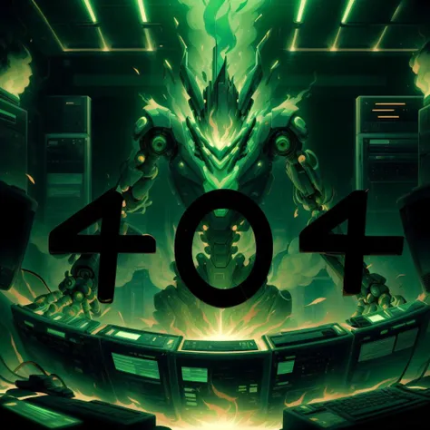 server, server room, sparks, malfunction, broken wires, cybernetics, ("4 0 4" text:1.5), fire, worldoffire, (green:1.5), <lora:worldoffire:1.2>, ultra high res, best quality, masterpiece, perfect lighting, drawn style, robot, fire elemental, avatar, screen, monitor, side view, smoke, clouds of smoke