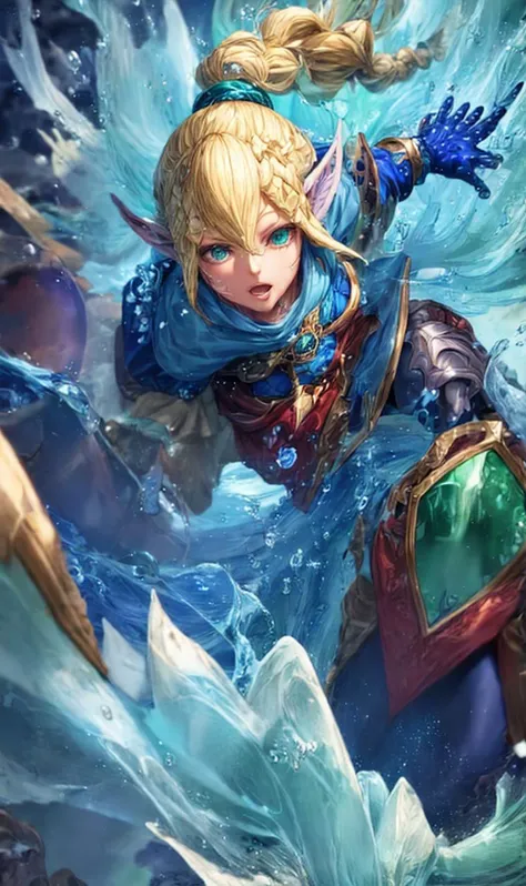 bubl3, , female (Water Genasi Rogue:1.2),castle ruin,Emerald green Cobalt Blue armor,Blonde headband braid,fighting posture,photoshoot style,intricate,studio lighting, masterpiece, the greatest details, 8k, UHD, HDR, incredibly intricate, <lora:o1l:0.8>