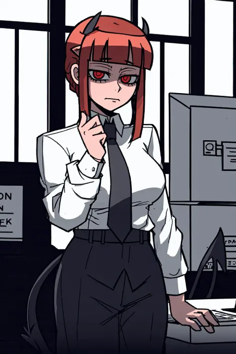 1girl, (helltaker:0.8), best quality, masterpiece, demon, formal, red eyes, red hair,  demon tail, <lora:helltakerLora_10:0.6>, makima \(chainsaw man\),  <lora:makimaChainsawMan_offset:1.3>, office in background