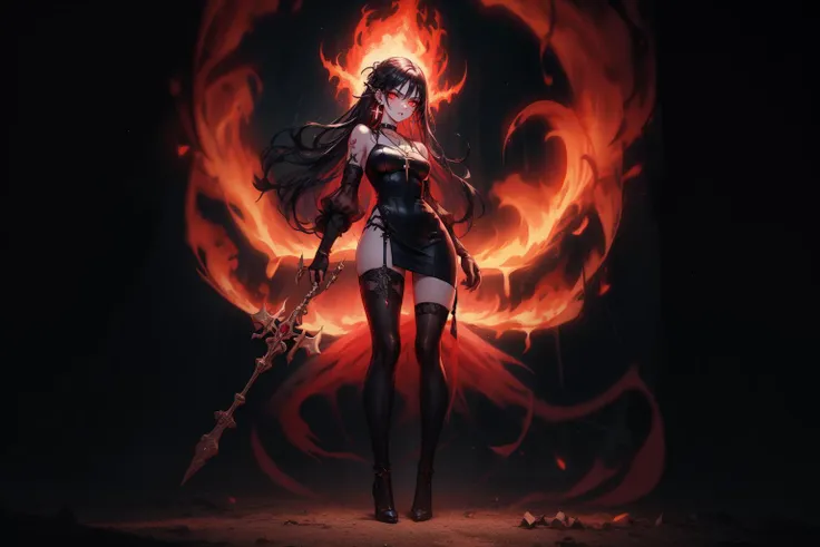 beautiful female succubus demon with pink eyes and dark red hair, pink colour skin and dark lipstic dressed in black and red transparent vail and gold jewellery with ruby, walk thru the burning lava cave surrounded by fire souls, ultra high quality anime art, realistic character design, high quality sexy succubus, 8k high quality , detailed high quality anime art, top quality wallpapers, full size character body, high quality fantasy art. acurate physic detailes,