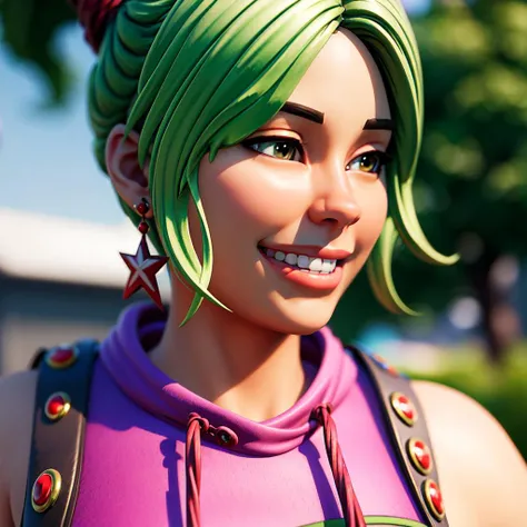 (masterpiece:1.2, best quality), FortniteStyle, 1girl, green hair, ponytail, blue eyes, (freckles:1.2), wide smile, peace sign <lora:Fortnite-000007:0.79>