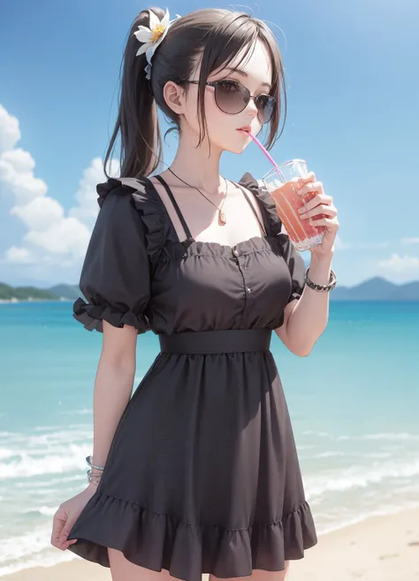 (grainy:0.8), (ultra realistic:0.8), (extremely detailed:1.2), perfect anatomy,
BREAK
girl, sunglasses, reflection on sunglasses, eyes under sunglasses, (drinking soda:1.2), ponytail, hair flower accessory,
BREAK
detailed summer dress,
BREAK
beach background,