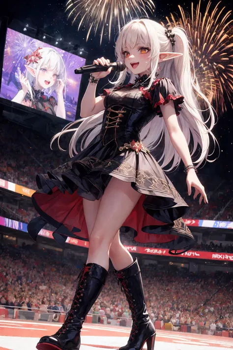 ((masterpiece, Highest quality, Very detailed)), anime CG,
One girl, 20 years old, gyaru, gyaru-style makeup, BREAK ((brown skin:1.3)), ((tanned skin:1,3)), ((blonde)), Long Hair, blunt bangs, wavy Hair, BREAK ((grey eyes:1.3)), ((slant eyes:1.3)),((thick thighs)), medium breasts,
((lots of pierced earrings, silver chain necklace, silver bracelet)),
BREAK looking at viewer, cowboy shot, evil smile, ((open mouth)), looking back, from behind, looking at camera,
BREAK she is dressed like a punk rocker, (wearing a white t-shirt with a rock band print), (black leather jacket), BREAK (red tartan mini skirt), (pantyhose ),
BREAK night scene, starry sky, brightly lit amusement park, colorful parade, twinkling lights, ferris wheel, roller coaster silhouettes, festive atmosphere, magical illumination, crowded pathways, fireworks in distance, full moon, glowing carousel, cotton candy stands, excited visitors, whimsical decorations, sparkling fountains,