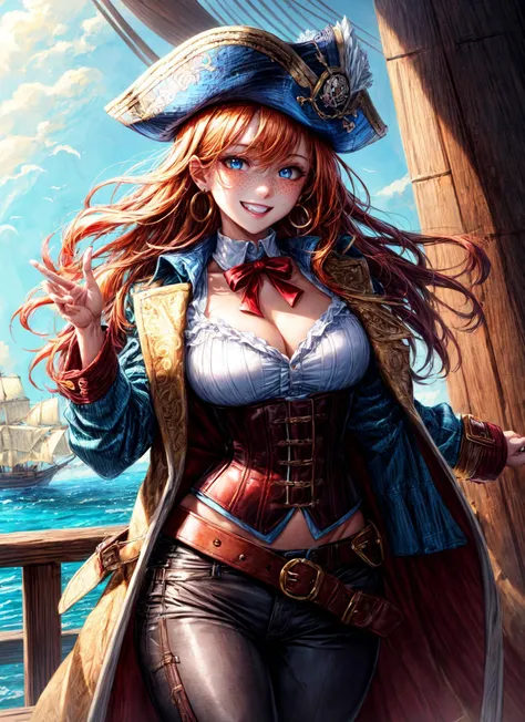 ((masterpiece, best quality, highest quality, highly detailed, colorful, 1 girl, solo,
beautiful, intricate details, absurdres)),
perfect lighting,
looking at viewer, (close-up),
((ginger hair, long hair)),
pirate hat,
pirate,
blue eyes,
freckles,
earrings,
jewelry, grin,
open clothes, collared coat, coat,
leather, corset,
dynamic pose,
pants, brown belt,
pants,
<lora:more_details:0.5>
<lora:NotHornyPirate_v10:0.75>(Deck:1)