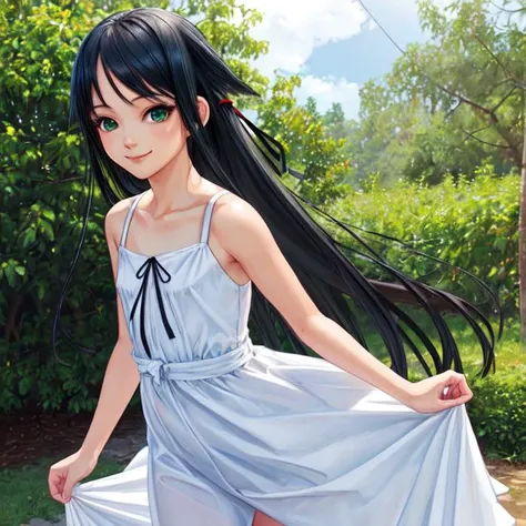 realistic, aesthetic, intricate, masterpiece, cute, solo, Saya, 1girl, long hair, ribbon, bare shoulders, very long hair, green eyes, smile, black hair, white dress, flat chest, hair flaps, sundress, small breasts, black ribbon, sleeveless dress, sunny, daytime, outdoors, rainbow in background, <lora:Saya1e4:0.5>