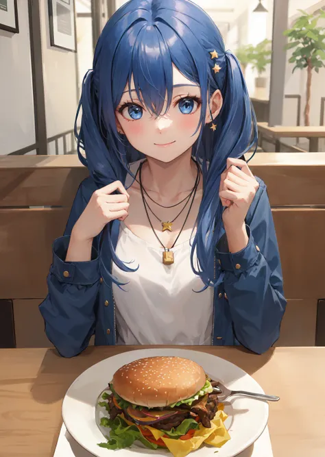 <lora:acrossTableConcept_v10:1>, solo, 1girl, smile, closed mouth, elbows on table, long blue hair, hair between eyes, star hair ornament, blue eyes, blue jacket, open jacket, print shirt, jewelry, necklace, indoors, food, burger, cup, upper body