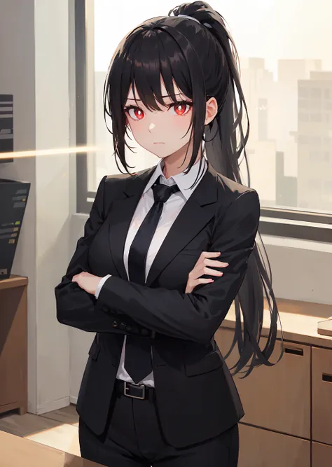 solo, 1girl, expressionless, closed mouth, crossed arms, long black hair, ponytail, sidelocks, red eyes, glowing eyes, bright pupils, black suit, white collared shirt, necktie, black pants, office space, office interior, light shaft, light rays, cowboy shot