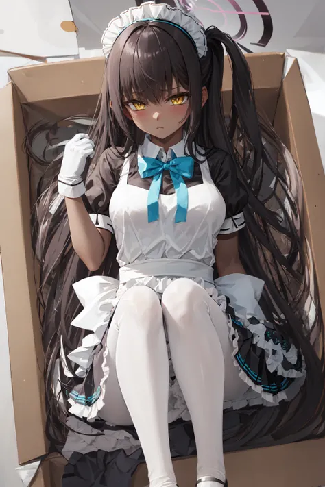 <lora:ConceptDeliveryInBox_deliveryv106:1>, <lora:kakudateKarinBlueArchiveLora_v3:1>, solo, 1girl, karin \(blue archive\), dark skin, expressionless, in box, very long hair, halo, yellow eyes, maid headdress, maid, black dress, pleated dress, frilled dress, white apron, blue bowtie, puffy short sleeves, white pantyhose, white gloves