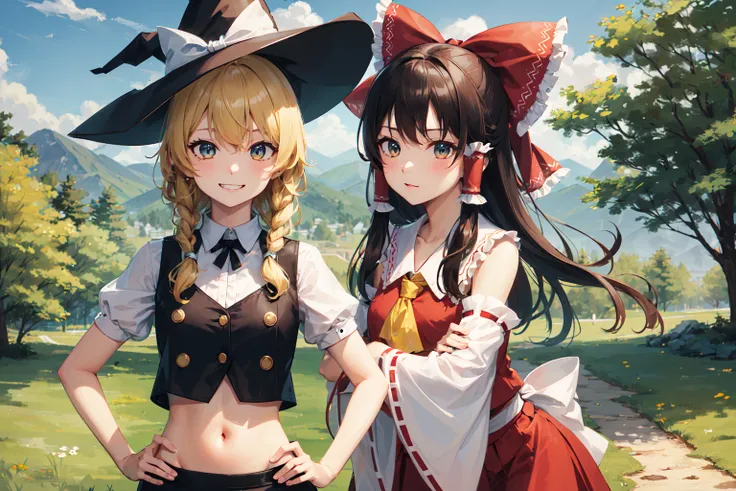 landscape scenery, grass, trees, mountains, blue sky, clouds, castles, town
AND 2girls, kirisame marisa, grin, hands on hips, short blonde hair, single braid, black witch hat, yellow eyes, black vest, buttons, white shirt, puffy short sleeves, black skirt, cowboy shot
AND 2girls, hakurei reimu, expressionless, crossed arms, long brown hair, sidelocks, frilled hair tubes, hair bow, brown eyes, red hakama, red dress, detached white sleeves, cowboy shot