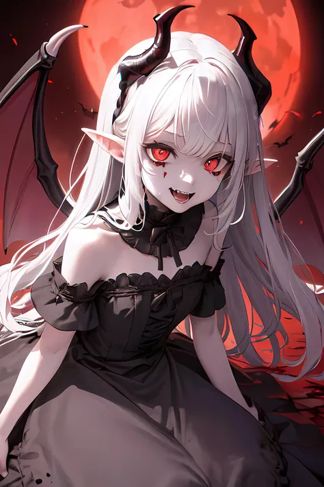 (masterpiece:1.2, best quality),(best illumination, an extremely delicate and beautiful),(best illumination, an extremely delicate and beautiful), (beautiful detailed face), (finely detailed eyes and detailed face:1.2), dark fantasy, (young girl, small beasts, 1girl, solo, crazy smile, pale skin, white hair, red glowing eyes, dynamic angle, vampire), (gaint vampire castle in background), (red moon, red sky), pointy_ears, fangs, demon wings, demon horns, blood on face, blood rain, blood fog, (depth of field), high contrast, (blood splatter:1.4), cowboy shot, full body,