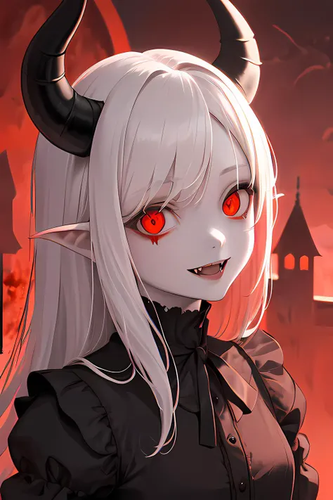 (masterpiece:1.2, best quality),(best illumination, an extremely delicate and beautiful),(best illumination, an extremely delicate and beautiful), (beautiful detailed face), (finely detailed eyes and detailed face:1.2), dark fantasy, (young girl, small beasts, 1girl, solo, crazy smile, pale skin, white hair, red glowing eyes, dynamic angle, vampire), (gaint vampire castle in background), (red moon, red sky), pointy_ears, fangs, demon wings, demon horns, blood on face, blood rain, blood fog, (depth of field), high contrast, (blood splatter:1.4), cowboy shot, full body,