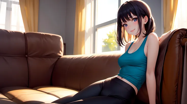 masterpiece, best quality, 1girl, sitting on couch, leaning to side, looking at viewer, smile, yoga pants, tank top, indoors, living room, window, curtains, backlighting, <lora:epiNoiseoffset_v2:1>, face focus, close-up, solo