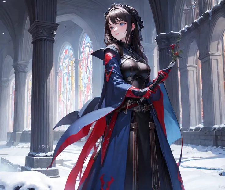 (Imaginary Digital Artwork:1.3) of (Masterpiece:1.3),Dark, snow, snowy, castle, (grainy:0.5), (natural lighting:0.5), AND [girl|(hooded cape:1.1)|shiny armor|(blue eyes:1.1)|(red hair:1.2),messy|holding sword:1], AND,CGSociety,ArtStation,(Warm Colors:0.65)