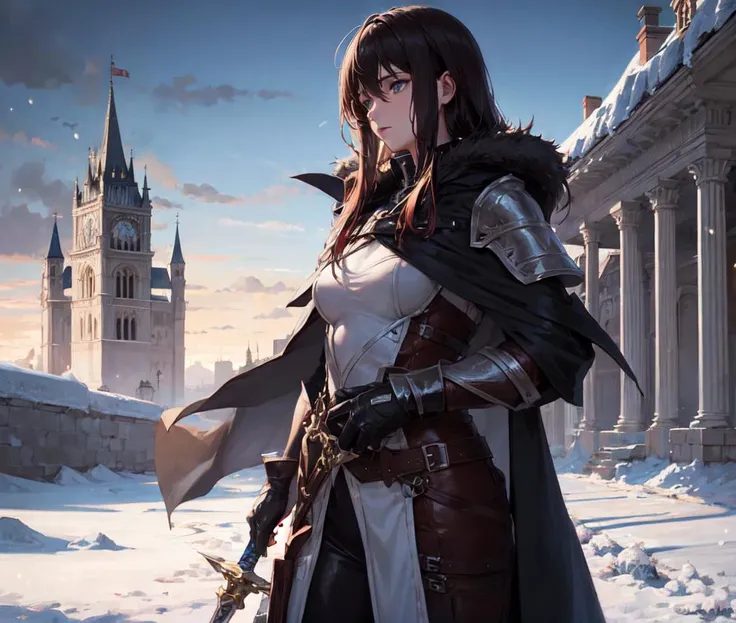 (Imaginary Digital Artwork:1.3) of (Masterpiece:1.3),Dark, snow, snowy, castle, (grainy:0.5), (natural lighting:0.5), AND [girl|(hooded cape:1.1)|shiny armor|(blue eyes:1.1)|(red hair:1.2),messy|holding sword:1], AND,CGSociety,ArtStation,(Warm Colors:0.65)
