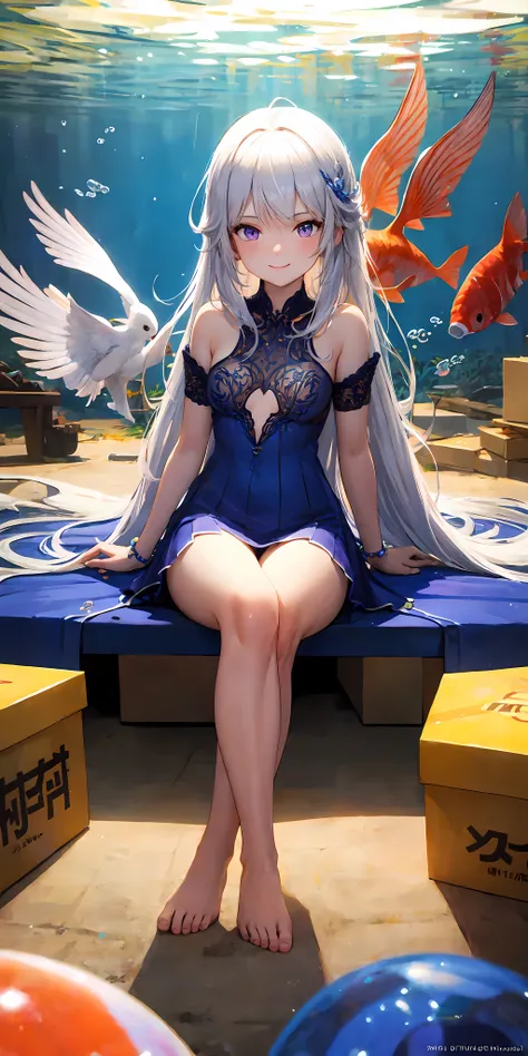 (masterpiece:1.2, best quality), (finely detailed beautiful eyes: 1.2), [(Transparent background:1.5)::5],(((masterpiece))),(((best quality))),(((extremely detailed))),illustration, 1girl,solo,mysterious,vivid color,shiny, underwater transparent sealed hemispherical glass dome, (white hair),(purple eyes), full body,barefoot,long hair tranquil nature, koi,Underwater, Dome,close up,Dynamic actions,Lens perspective,(((Box composition))),sit cross-legged and lean against the bookshel, volumetric lighting, multi-color eyes, detailed eyes, hyper detailed,light smile, highly detailed, beautiful, small details, ultra detailed, best quality, intricate, 4k, 8k, trending on artstation, good anatomy, beautiful lighting, award-winning,