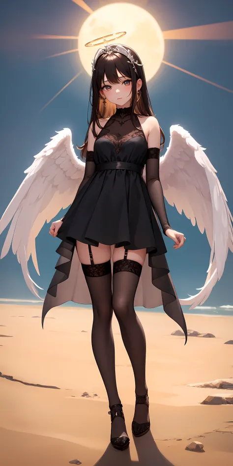 (masterpiece:1.2, best quality), (finely detailed beautiful eyes: 1.2), 1girl, black hair, angel of death, innocent, brown eyes, diadem, angel wings, black clothes, full body, arms behind back, sky, halo, post-apocalypse,