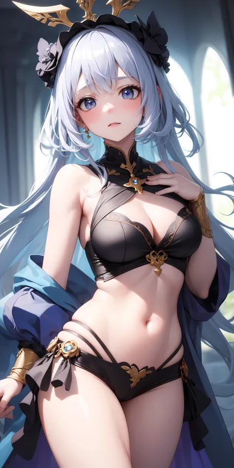 (masterpiece:1.2, best quality), (finely detailed beautiful eyes: 1.2), masterpiece*portrait, glowing eyes, shiny hair, lustrous skin, solo, embarassed, (midriff),