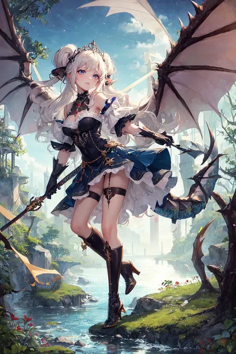 (masterpiece, best quality:1.2), 1girl, solo, cute, kawaii, digital art, magic circle, platinum blonde hair, finely detailed eyes, embarrassed expression, sweat, frilly dress, pink color scheme, high heels, white gloves, heart-shaped necklace, tiara, wielding a wand, dragon, forest, fire breath, wings, scales, sharp claws, spiky tail, trees, moss, moonlight filtering through leaves, fallen leaves, bushes, rocks, river, bridge, night clouds, starry sky, windy, leaves rustling,