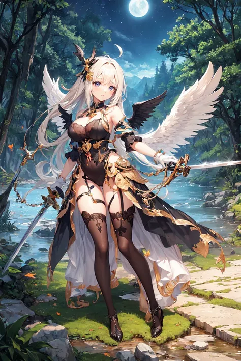 (masterpiece, best quality:1.2), 1girl, solo, (kawaii, cute young teenager:1.4), digital art, magic circle, long hair, ahoge, platinum blonde hair, (colored inner hair:1.2), finely detailed eyes, grimace, lonely expression, sweat, frilly dress, black color scheme, high heels, white gloves, heart-shaped necklace, hair ornament, (holding sword:1.2), huge fallen angel wings, (huge black wings:1.2), trees, moss, moonlight filtering through leaves, fallen leaves, bushes, rocks, river, bridge, night clouds, starry sky, windy, leaves rustling,