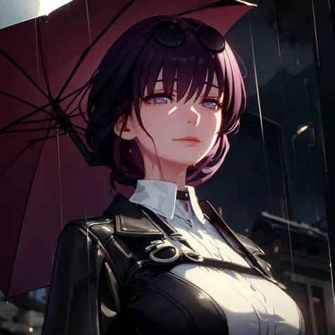 masterpiece, best quality, ultra-detailed, 1girl, 4k, Photorealistic, Realistic, Edge Lighting, cinematic, cinematic lighting ,depth of field,
<lora:HSR Kafka:0.8>, hsr_kafka, stellaron hunters outfit, collared shirt, eyewear on head, beautiful face,
walking on street, ((raining, wet hair, wet clothes)), closed-up shot, depressed face, bored, closed mouth, look away from viewer, from below, umbrella, front view