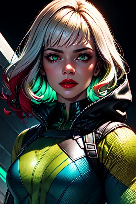 25D_Loras, masterpiece, best quality, 1girl, red lips, solo, green eyes, green and yellow body suit, curly hair, multicolored hair, white hair, auburn hair, two-tone hair,ombre , Rogue of the X-men, Anna Lebeau, bangs, hood, side lighting, skiny skin, superhero,best illustration, detailed eyes, best illustration <lora:25D_Loras:0.8>