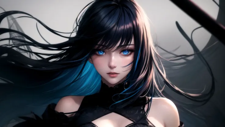 (masterpiece, best quality), ((1girl, (mature)), (dark blue hair, long hair, straight hair, beautiful hair), (blue eyes, beautiful eyes, eye highlights, sharp eyes), (Japanese dress:0.5, dark dress)), (simplier background, dark background), (highres, ultra realistic 8k cg), (chromatic aberration, off shoulder),
