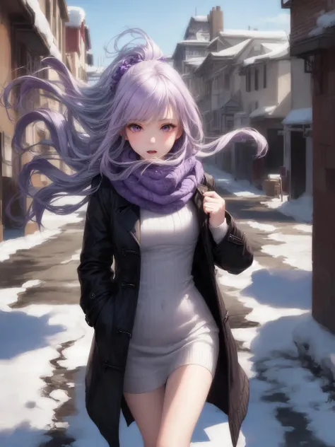 (masterpiece:1.1), (detailed:1.1), (realistic:0.8), 1girl, (pale purple hair:1.2) + (long hair:1.1), medium breasts, (sweater dress:1.1) + (wind coat:1.1), scarf, hair decoration, street, sky, snows