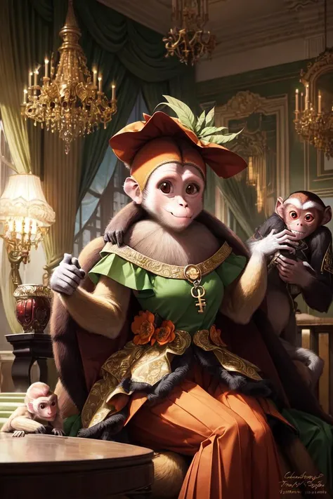 close-up,(capuchin monkey:1.3),green orange red fashion dress,(quillings:1.1),pleated skirt,intricate realistic pelt,ballroom background,chandellier,photoshoot style,key lighting,highly detailed ornamented fabric,dynamic pose,