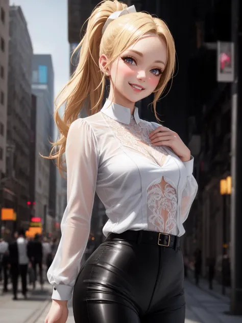 girl catwalking , blonde hair, ponytail, white blouse, (black pants:1.2), high heels, upper body portrait, head tilted,small breast, breast,  outdoor, park,  blush, smile, (Artstation:1.3), (intricate:1.1), (elegant:1.1), (highly detailed:1.2), (great eye detail:0.7), (glowing eyes:0.5), (digital painting:1.2), (smooth:1.1), (sharp focus:1.2), (illustration:1.1), (3d:0.9), (3d_bacground:0.9), 8 k.