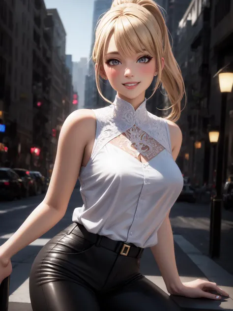 girl catwalking , blonde hair, ponytail, white blouse, (black pants:1.2), high heels, upper body portrait, head tilted,small breast, breast, outdoor, park, blush, smile, (Artstation:1.3), (intricate:1.1), (elegant:1.1), (highly detailed:1.2), (great eye detail:0.7), (glowing eyes:0.5), (digital painting:1.2), (smooth:1.1), (sharp focus:1.2), (illustration:1.1), (3d:0.9), (3d_bacground:0.9), 8 k.