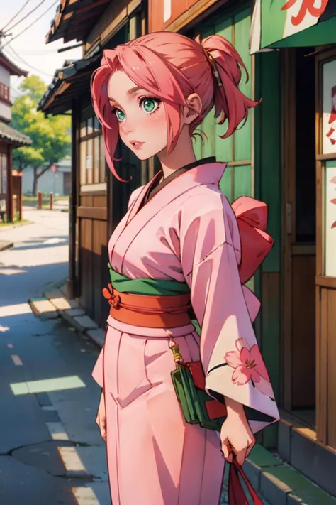 1girl,sakura haruno, Hanfu, street japan, green eyes